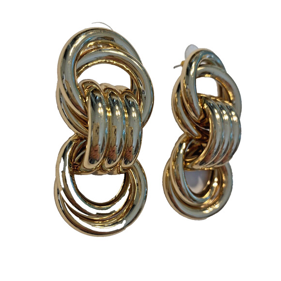 Vintage 1980’s Pierced Earrings Statement Runway Gold Chunky Tubular Chains - Picture 3 of 10